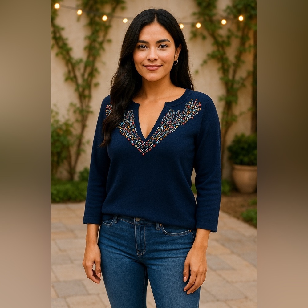 Anthropologie Moth Women’s Jeweled Beaded V-Neck Navy Sweater Size Small - Picture 13 of 14